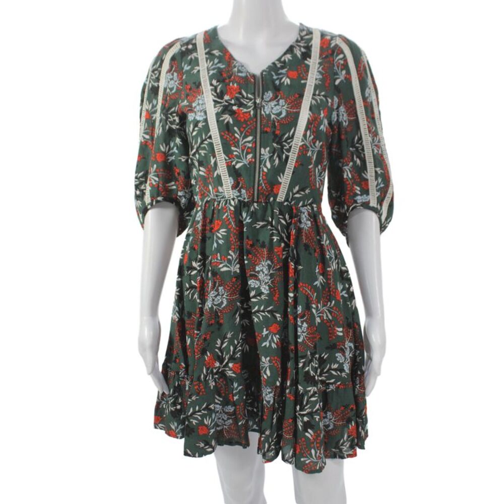 Maje Womens Fit & Flare Mini Dress Green Floral V Neck Short Sleeve Size 1
